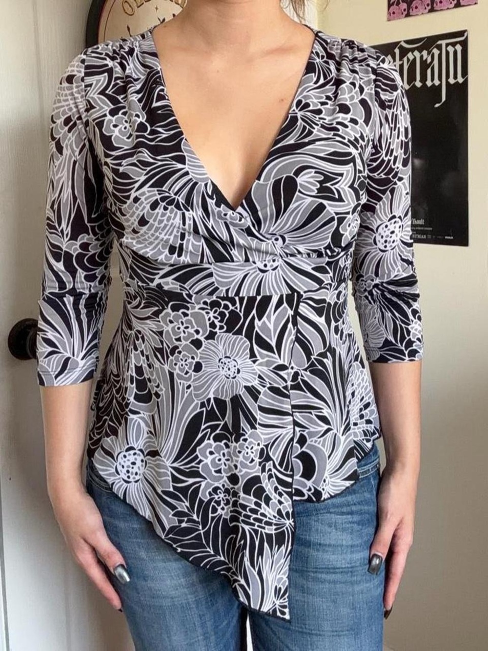 Black & White Floral Wrap V-Neck Women's Top